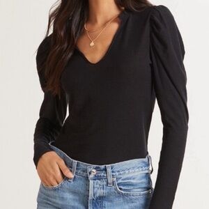 Nation LTD Tamira Elizabethan Black Puff Sleeve Ruffle V-neck Tee Pima Cotton XS